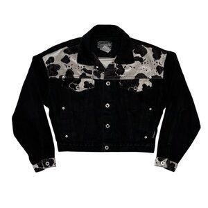 Vintage Squeeze brand denim jacket black & cow print pattern, size med